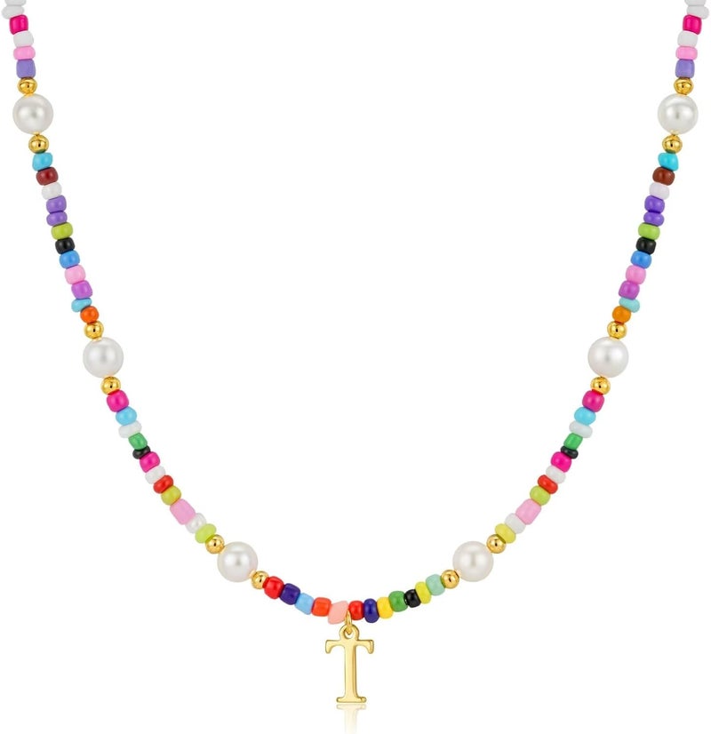 M MOOHAM Valentines Day Gifts for Kids Teen Girls - Colorful Initial Necklaces for Girls Women Kids, Beaded Pearl Choker Necklace for Women Trendy, Birthday Gifts Teenage Girl Teen Kid Jewelry - Image 1